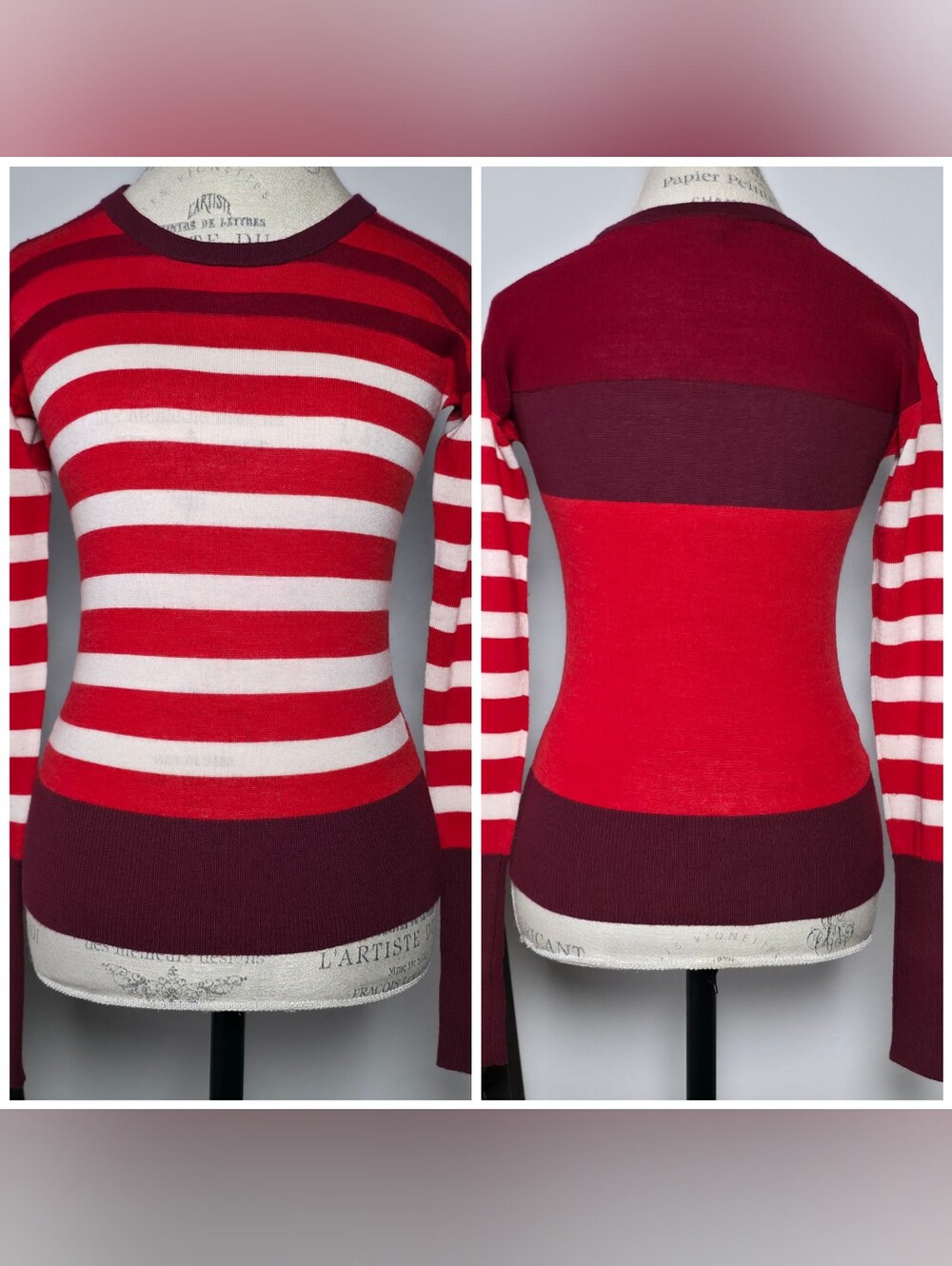 Marc Jacobs 100% Merino Wool Crewneck Sweater Size XS Corvette Red Stripes